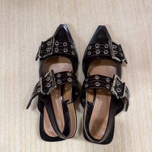 Ganni Burgundy and Silver Buckle Flats